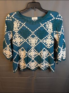 Kindred Teal Embroidered Peasant Blouse